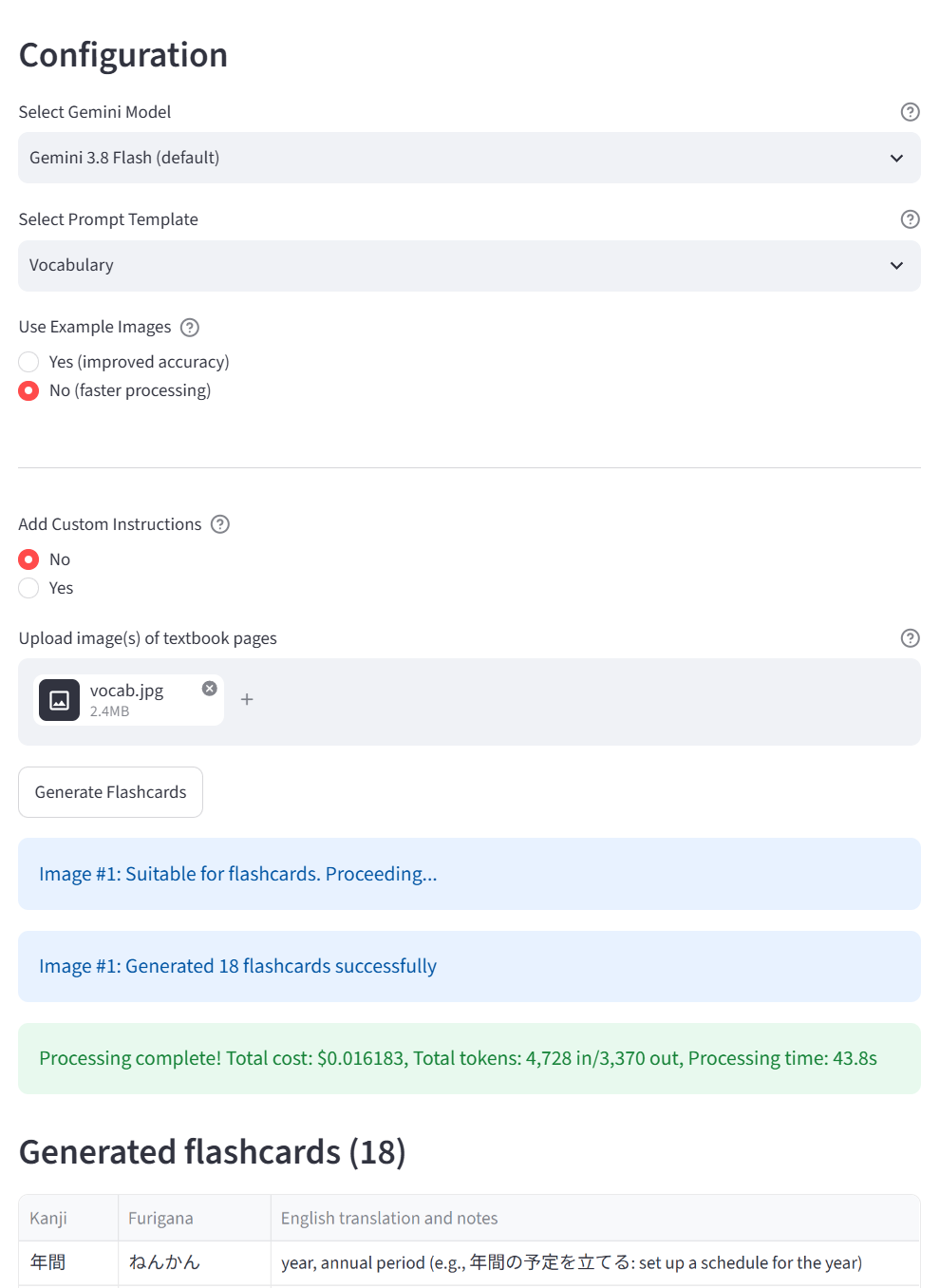 Screenshot of the app after a vocabulary run with example images switched off: Gemini model and mode selection, the uploaded page, status messages with tokens and cost, and the first generated flashcard.